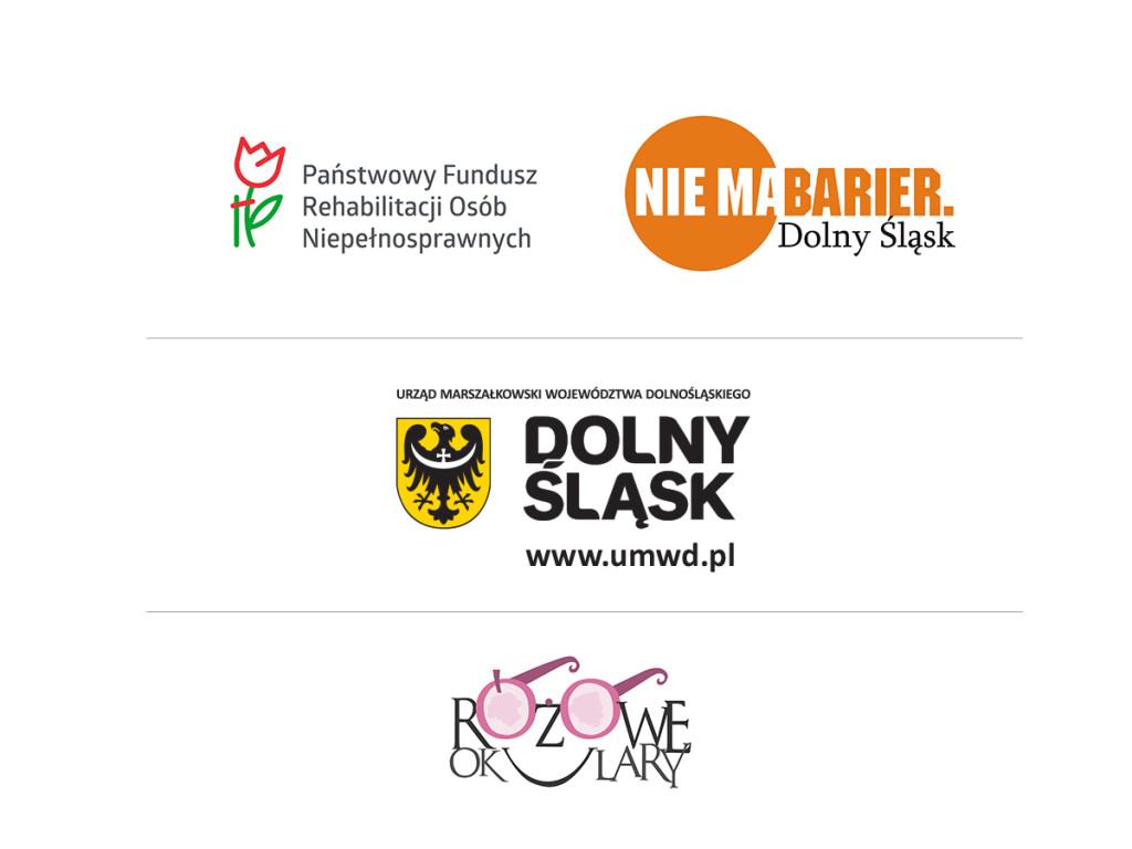 Logotypy: PFRON, Nie ma barier Dolny Śląsk, UMWD Dolny Śląsk, Stowarzyszenie Różowe Okulary,
