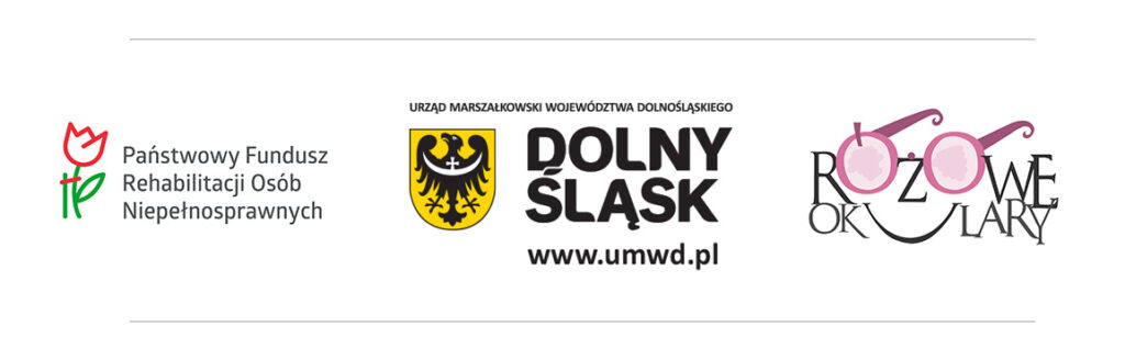 Logotypy: PFRON, Dolny Śląsk i Stowarzyszenie Różowe Okulary
