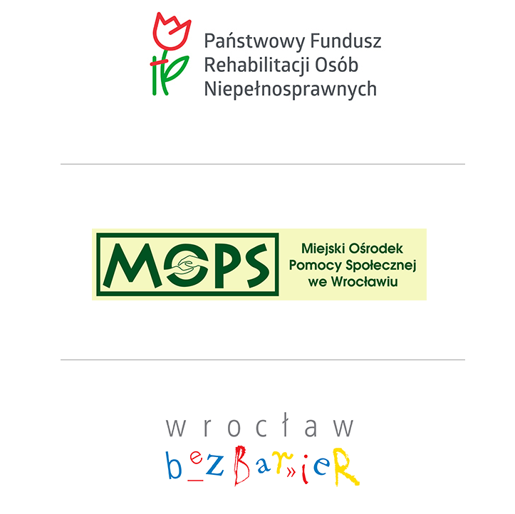 Logotypy PFRON, MOPS Wrocław i Wrocław bez barier