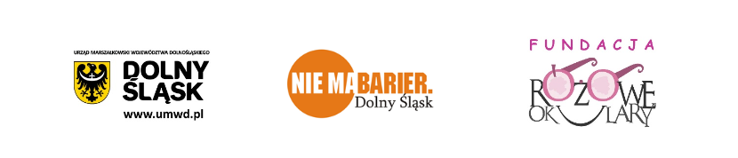 Logotypy: Województwo Dolny Śląsk, Nie ma barier oraz Fundacja Różowe Okulary